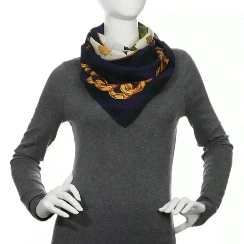 AUTHENTIC CHANEL SILK navy scarf logo chain camellia